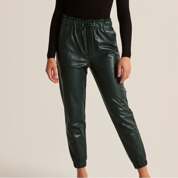 Abercrombie & Fitch Vegan Faux Leather Jogger Pants Dark Green / Evergreen Small - Picture 2 of 6